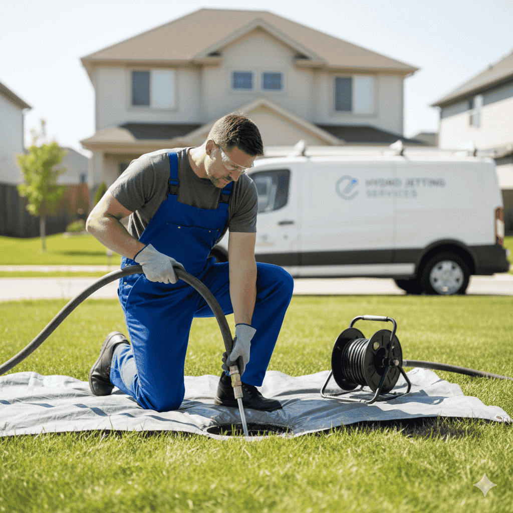 High-pressure 4000 PSI hydro jetting nozzle clearing tree roots and grease from sewer line in Gilroy